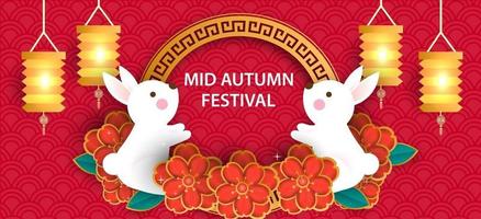 Mid autumn festival banner with cute rabbits and the moon  in paper cut style