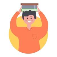 Boy smiling and holding books over his head. Education concept. Flat illustration. vector