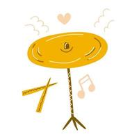 Hand drawn drum percussion cymbal. Musical instrument. Flat illustration. vector