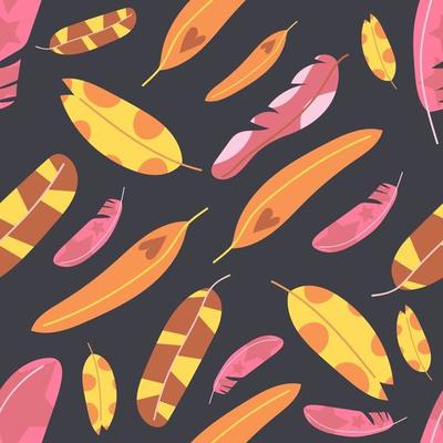 Seamless pattern of hand drawn feathers in bright color on dark blue background. Flat illustration.
