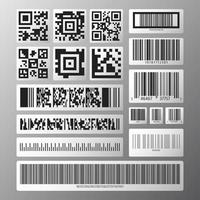 Barcode and QR code set. Abstract various barcodes and QR codes on white stickers. Vector illustration.