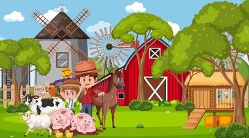 escena de la granja con personaje de dibujos animados de granjero y animales de granja vector