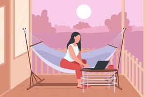 Woman in hammock with laptop flat color vector illustration