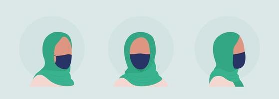 Hijab woman semi flat color vector character avatar with mask set