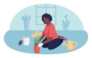 Woman gardening indoors 2D vector isolated illustration