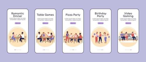 Party types onboarding mobile app screen flat vector template