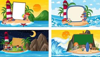 conjunto de diferentes escenas de playa tropical con banner en blanco vector