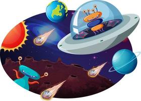 Alien in UFO with many planets and asteroids vector