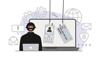 Hacker attack. Fraud with user data on social networks. Credit or debit card theft. Internet phishing, hacked username and password. Cybercrime and crime. A thief on a website online on the internet. vector