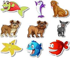 Set of stickers with sea animals and dogs cartoon character vector