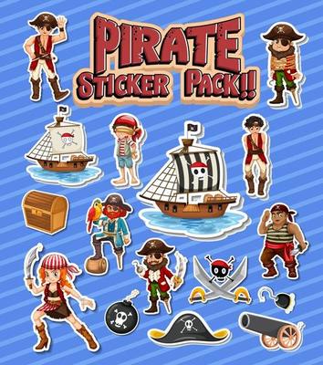 Pirate sticker pack set with cartoon character isolated