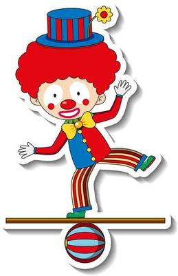 Sticker template with happy clown cartoon character isolated