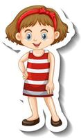 Little girl in red dress cartoon character sticker vector