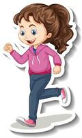 Cartoon character sticker with a girl jogging on white background vector