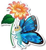 Plantilla de pegatina con personaje de dibujos animados de una mariposa sosteniendo una flor aislada vector