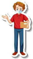 A sticker template with delivery man in uniform holding boxes vector