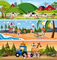 Set of different nature landscape at daytime scene with cartoon character vector