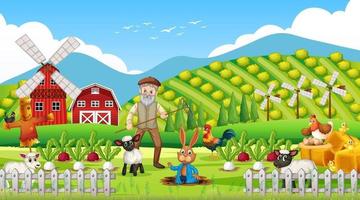 Farm at daytime scene with old farmer man and farm animals vector