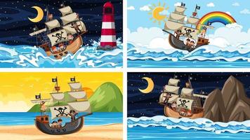 conjunto de diferentes escenas de playa con barco pirata y personaje de dibujos animados pirata vector