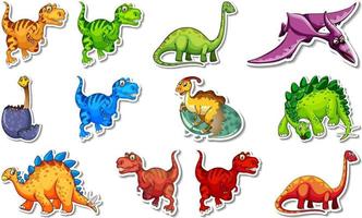 Sticker set with different types of dinosaurs cartoon characters vector