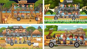 Set of different safari scenes with animals and kids cartoon character vector