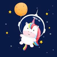 lindo bebé unicornio con casco de astronauta y sosteniendo una luna. personaje de dibujos animados de animales vector premium