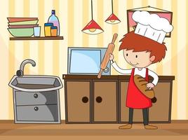 Baker man in the kitchen scene with equipments vector