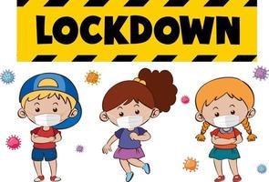 Lockdown font design with many kids wearing medical mask on white background vector