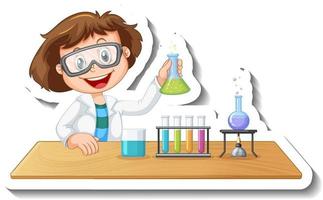 Sticker template with cartoon character of a student doing chemical experiment vector