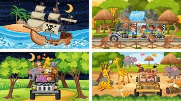 Set of different scenes with pirate ship at the sea and animals in the zoo vector