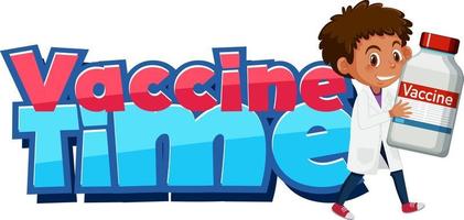 Vaccine Time font with a doctor holding covid-19 vaccine bottle vector