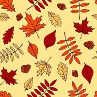 Seamless pattern with hand drawn acorns and autumn leaves in orange, beige, brown and yellow. Perfect for wallpaper, gift paper, pattern fills, web page background, autumn greeting cards. vector