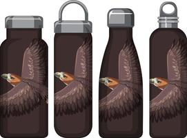 Set of different brown thermos bottles with hawk pattern vector