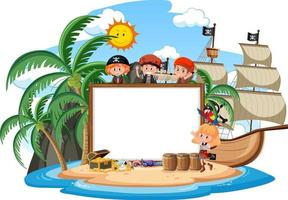 Muchos niños piratas en la isla con plantilla de banner en blanco aislado vector