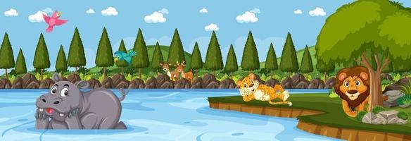 Forest panorama at daytime scene with various wild animals vector