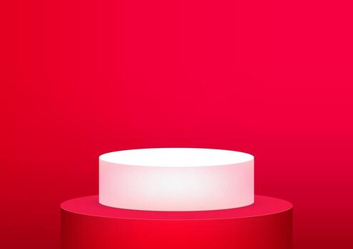Empty podium studio red background for product display with copy space. Showroom shoot render. Banner background for advertise product. vector