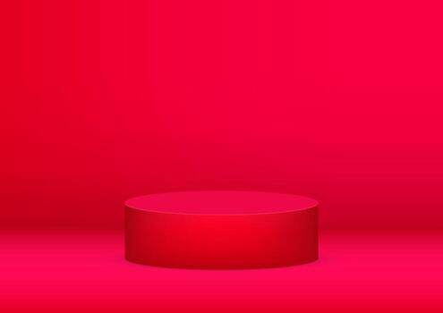 Empty podium studio red background for product display with copy space. Showroom shoot render. Banner background for advertise product. vector
