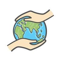 Hand holding the globe hand drawn doodle icon. Ecology care and eco friendly concept. vector