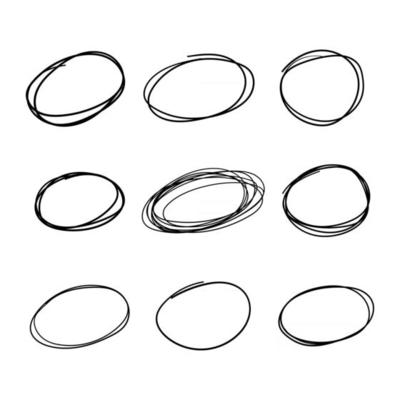 Doodle set of black hand drawn circle line sketch set. Pencil or pen highlighter ellipses shapes.