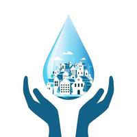 Save The Water. Hands holding drop save water. Concept of eco and world water day. vector