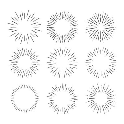 Vintage Sunburst Explosion Hand drawn Design Elements Fireworks Black Rays. Set of Black Sunbursts Graphic Elements.