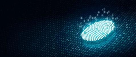 Fingerprint scan with binary code on deep blue colour background photo