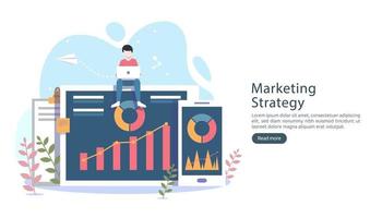 digital marketing strategy concept with tiny people character, table, graphic object on computer screen. online social media marketing modern flat design for landing page and mobile website template vector