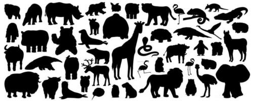 Set of silhouette cartoon isolated Savannah African American forest animals. Vector tiger lion rhinoceros buffalo zebra elephant giraffe crocodile tapir hippo bear orangutan penguin flamingo