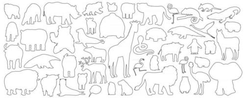 Gran conjunto de iconos de animales de bosque afroamericanos aislados de dibujos animados de doodle. vector contorno tigre león rinoceronte búfalo cebra elefante jirafa cocodrilo tapir hipopótamo oso orangután pingüino flamenco