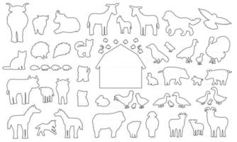 gran conjunto de iconos de animales de granja de dibujos animados de silueta de doodle. vector colección de burro ganso vaca toro cerdo cerdo gallina gallina gallo cabra oveja pato caballo pavo gato perro erizo conejo conejito aves