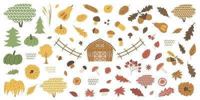 Farm forest isolated autumn elements set. Barn acorn boletus, fly agaric, viburnum, leaves maple, oak corn pumpkin nuts chestnuts apples oranges cinnamon. Vector illustration on white background