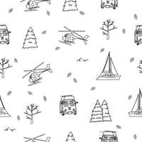 Black white repeat seamless pattern of helicopter, yacht, travel bus, trees, christmas trees, leaves on white background for coloring book vector