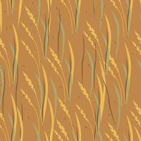 Autumn hand drawn abstract cartoon wheat with leaves seamless pattern. Vector illustration on brown background