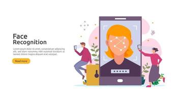 Face recognition data security design. facial biometric identification system scanning on smartphone. web landing page template, banner, presentation, social, poster, ad, promotion or print media. vector